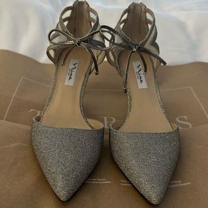 nina silver sparkle heels with bow